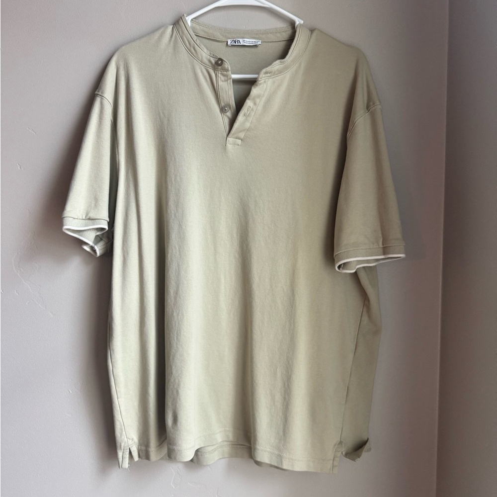 Zara Oversized Cotton Henley Tee Sage Green Boxy Casual Minimal Streetwear XL